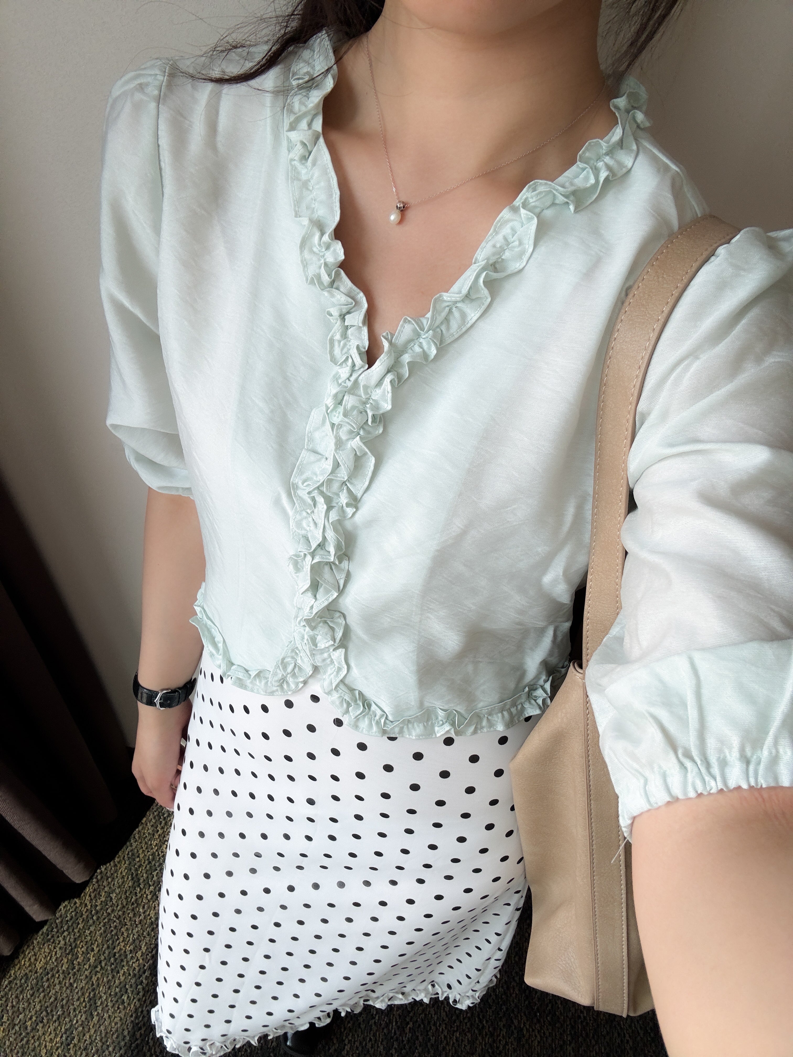 超美薄荷色//法式的女孩的ruffle blouse