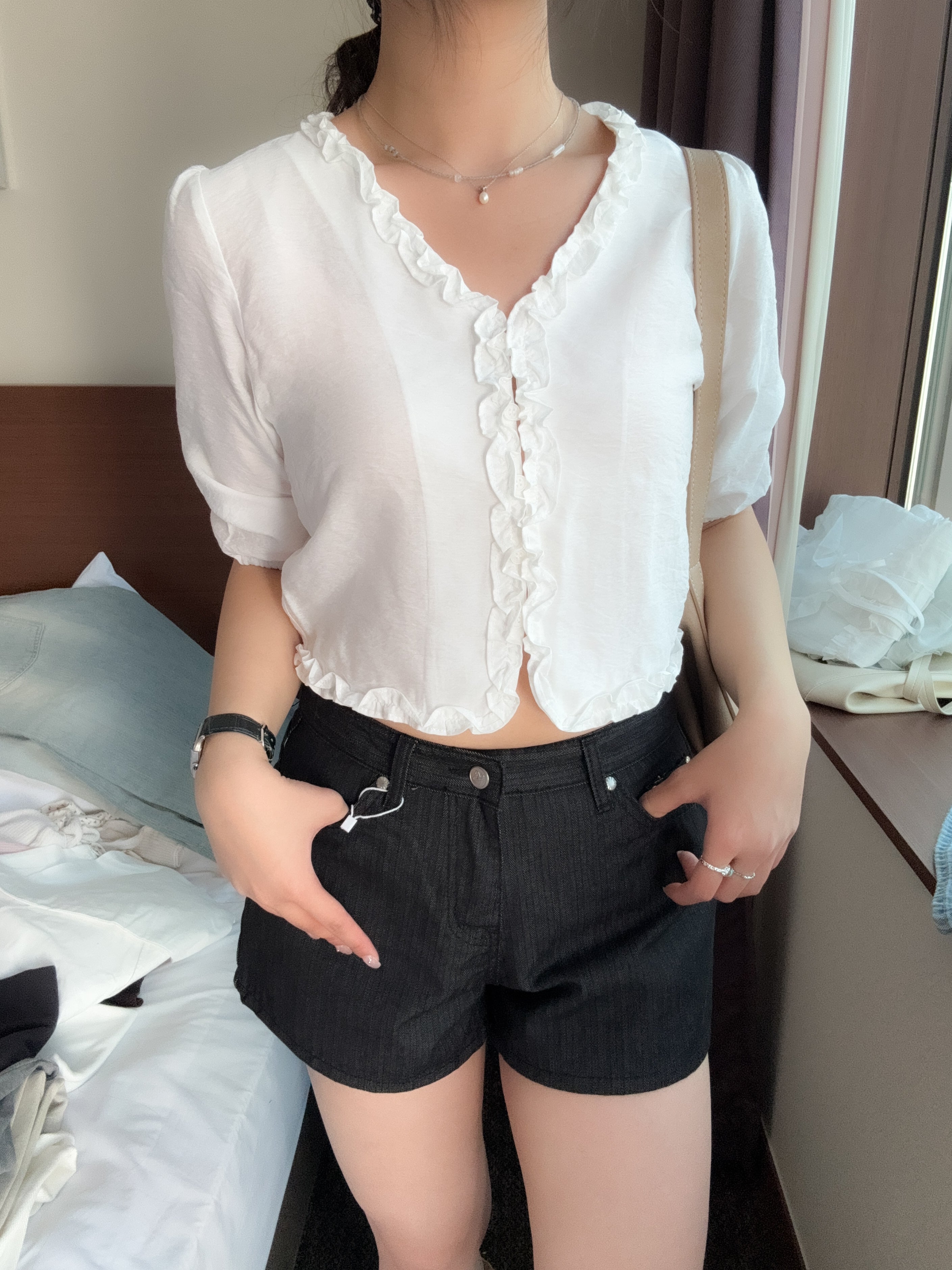 超美薄荷色//法式的女孩的ruffle blouse