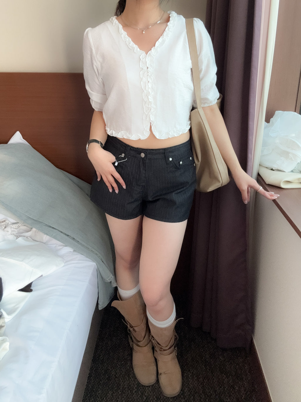 超美薄荷色//法式的女孩的ruffle blouse