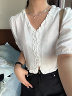 超美薄荷色//法式的女孩的ruffle blouse