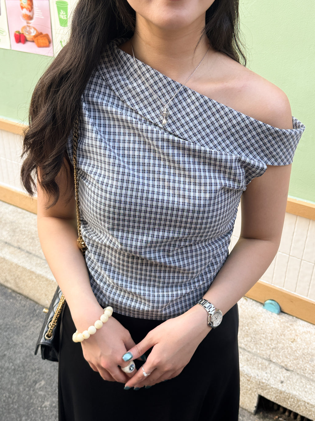 復古女孩格紋斜肩TOP